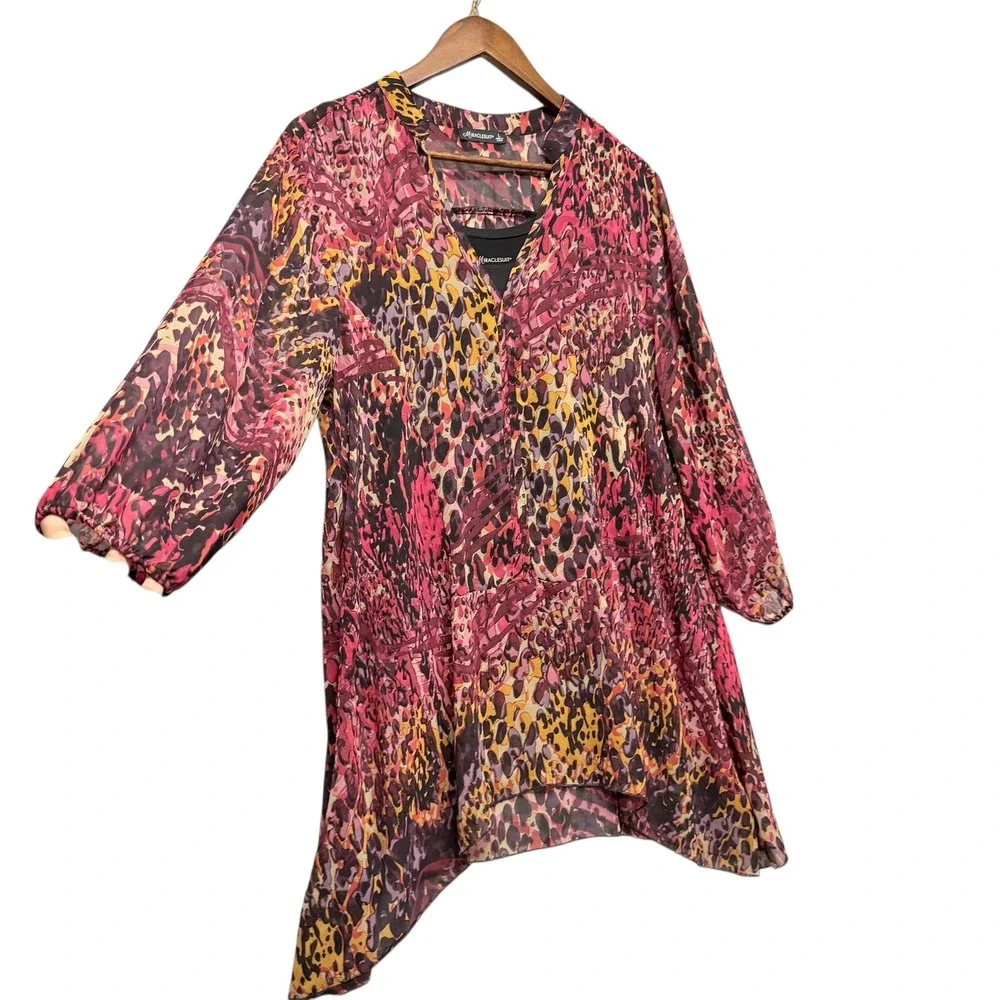 Miraclesuit Women‎ L Tunic Swim Kaftan Tank Top Topper Pink Leopard Sheer Resort